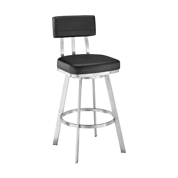 Armen Living Jinab Swivel Counter Stool in Brushed Stainless Steel with Black Faux Leather 840254335264 - main